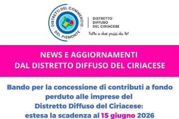 Distretto Diffuso del Ciriacese, prorogata al 15 giugno la scadenza del bando per i contributi a fondo perduto alle imprese del Commercio